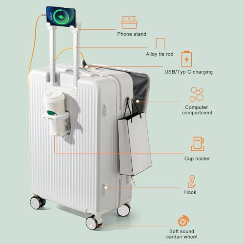 24 Inch Large Luggage Suitcase Top Opening Aluminum Frame Tsa Luggage Hard Shell Suitcases with Wheels for Travel Woman Men, with Cup Holder & USB Type-C Charging Port & Phone Stand (white)2
