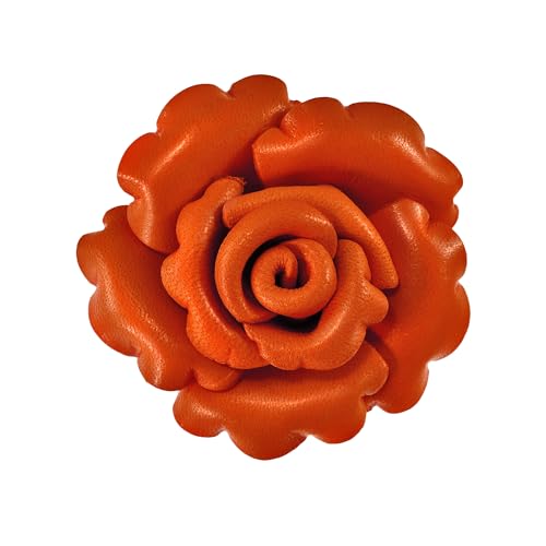 Image of AeraVida Enchanted Genuine Leather Rose Blossom Brooch Pin & Hair Clip | Floral Handmade Accessory for Women | Colorful Pink, Yellow, or Orange Flower Pin for Hair, Dress, or Lapel