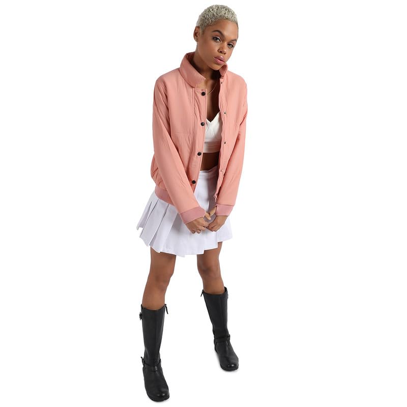 Image of PINACOLADA Women's Pink Puffer Regular Fit Bomber Jacket For Winter Wear | Standing Collar | Full Sleeve | Buttoned | Casual Jacket For Woman & Girl | Western Stylish Jacket For Women