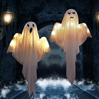 Efymosce 2 Stück Geister Windsack, Halloween Deko Hängende Gruselige mit LED Licht, Hängende Dekorationen für Outdoor, Vorgarten, Terrasse, Rasen, Garten, Partydekor