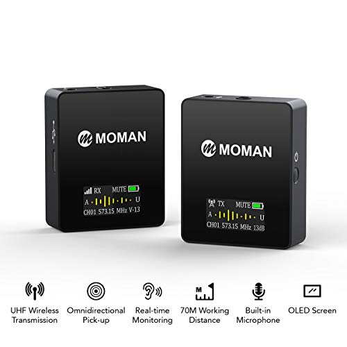 Moman Connects C1 Professional-Wireless-Lavalier-Microphone-System 36 Channels UHF 1 Transmitter with 1 Receiver 70m/229.66ft OLED Screen for DSLR/Mirrorless Camera/Smartphone/Camcorder/Audio Recorder