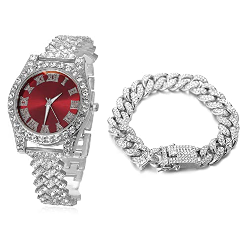 Image of Halukakah Diamonds Gold Watch Iced Out, Kid's 18K Real Gold /Platinum White Gold Plated 36MM Width Green /Blue /Red Dial Quartz Wristband 8 inch with Cuban Link Chain 7 inch+16 inch Bracelet, Free Giftbox