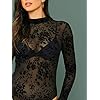 Floerns Women's Sheer Mesh Lace Long Sleeve Stretchy Bodysuit Jumpsuit Black Flower M
