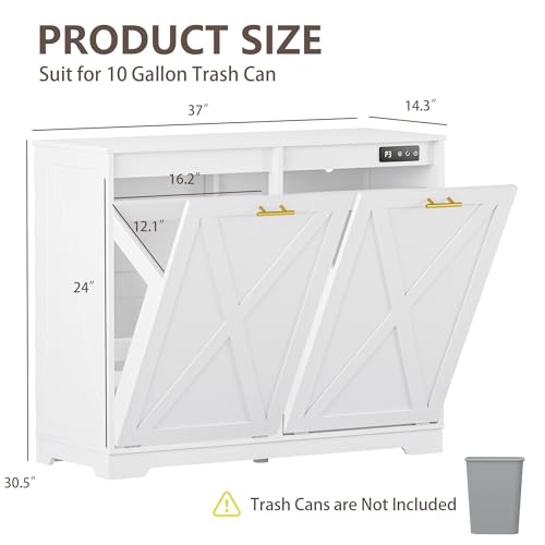 Image of Double Tilt Out Trash Can Cabinet, Wooden Farmhouse Kitchen Garbage Bin Enclosure with Negative Ion Odor Control, Hidden Dog Proof Trash or Laundry Basket Storage for Laundry Room, White