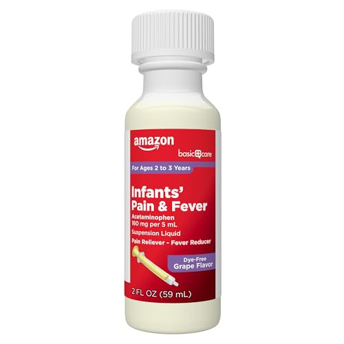 Image of Amazon Basic Care Infants' Pain & Fever,Acetaminophen 160 mg per 5 mL,Suspension Liquid,Dye-Free Grape Flavor,2 fl oz,(Pack of 2)