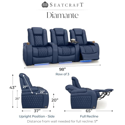 Image of Seatcraft Diamante Navy Blue Italian Leather Home Theater Seating, Zero Gravity Power Recliner, Gaming and Home Office Chair, Powered Headrest Furniture for Family Cinema Room, Row of 3