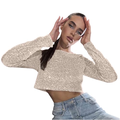 Sequin Crop Tops for Women Long Sleeve Crewneck Glitter Tshirt Y2K Teen Girls Cute Sparkle Blouse Tees for Party Club2