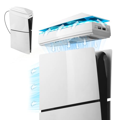 Raryars PS5 Slim - Ventilador de refrigeración de consola con cubierta antipolvo y luz LED colorida para PS5 Slim Console Disc Edition y edición digital, ventilador de absorción silenciosa con 2