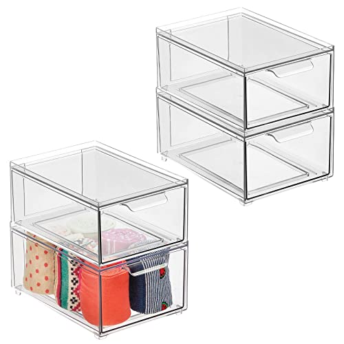 Image of mDesign Plastic Stackable Closet Storage with Pull Out Bin Organizer Drawer for Cabinet, Desk, Shelf, Cupboard, or Cabinet Organization - Lumiere Collection - 4 Pack - Clear