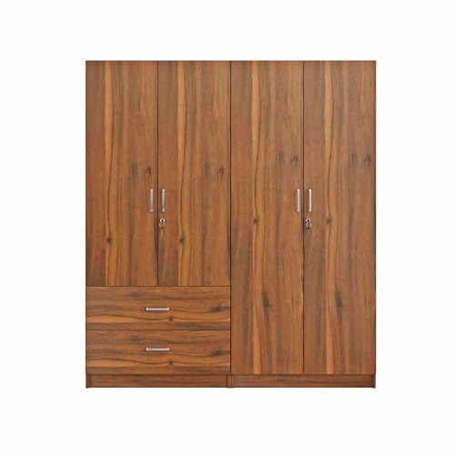 Image of VIKI Wardrobe | TuWooden Almirah for 4 Door 2 Drawer with Shelves & Hanging Space Wardrobe (Brussel Walnut - 40D x 160W x 180.8H) | 1 Year Warranty | Free Assembly