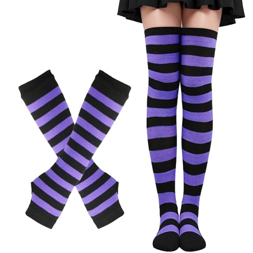 Damen Gestreifte Kniestrümpfe, Thigh Highs Socken Lange Strickhandschuhe...