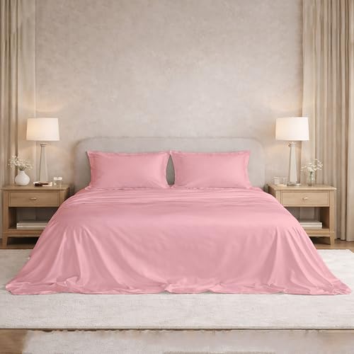 Image of Filbert Satin Bedsheet with 2 Pillow Covers | 90x100 in |300 TC | Midnight Luxe Satin Dreams Collection for Double Bed | UltraSatin Premium Bedding Set | Baby Pink