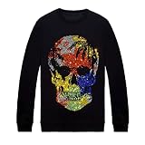 HZCX FASHION Mens Womens Hip Hop Rhinestone Graphic Sweatshirt Crewneck Pullover(Color skull Black,L