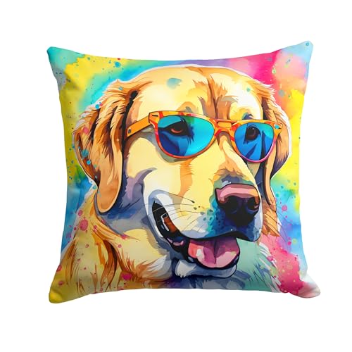 Caroline's Treasures DAC2529PW1414 Yellow Labrador Hippie Dawg Fabric Decorative Pillow Machine Washable, Indoor Outdoor Decorative Pillow for Couch, Bed or Patio, 14Hx14W