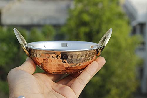 Nexxa -Set Of 4, Indian Copper Serveware Karahi Vegetable Dinner Bowl With Handle For Indian Food, Diameter 13 Cm Approx #TOP6