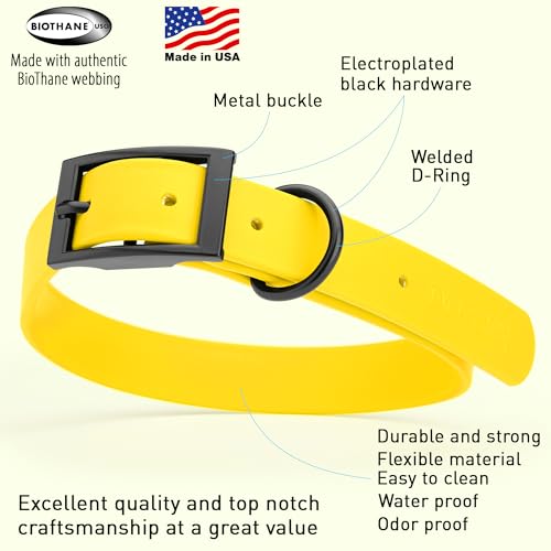 Image of Dogline Biothane Waterproof Dog Collar Strong Coated Nylon Webbing with Black Hardware Odor- Proof for Easy Care Easy to Clean High Performance Fits Small Medium or Large Dogs, Lemon Yellow