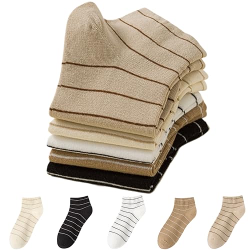 iwhgrmp Striped Ankle Socks for Women Cute Summer Fashion Breathable Soft Cotton Athletics Casual Socks Gifts (5Pairs White Khaki Black)