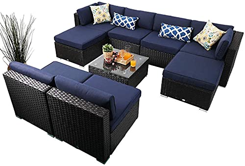 Phi Villa 9-Piece Outdoor Rattan Sectional Sofa All Weather Patio Wicker Furniture Set Lawn Conversation Sets Cushioned Garden Sofa Set (Blue) #TOP9