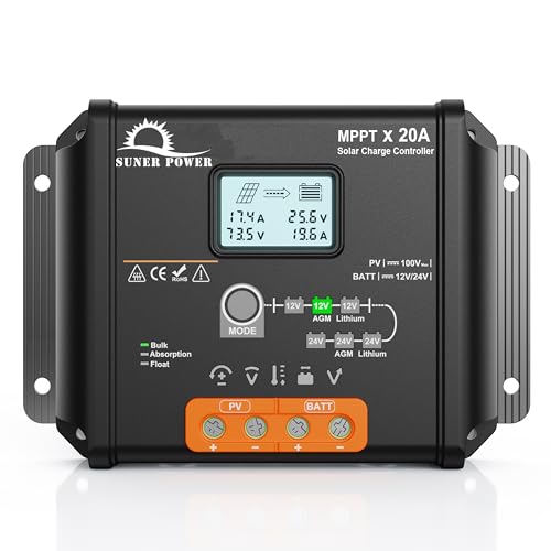 SUNER POWER 20 Amp 12V 24V MPPT Solar Charge Controller, LCD Display, 20A Solar Panel Charging Regulator with Temp Sensor for 12Volt 24Volt Lead-Acid, AGM, Gel, Flooded and Lithium LiFePO4 Battery