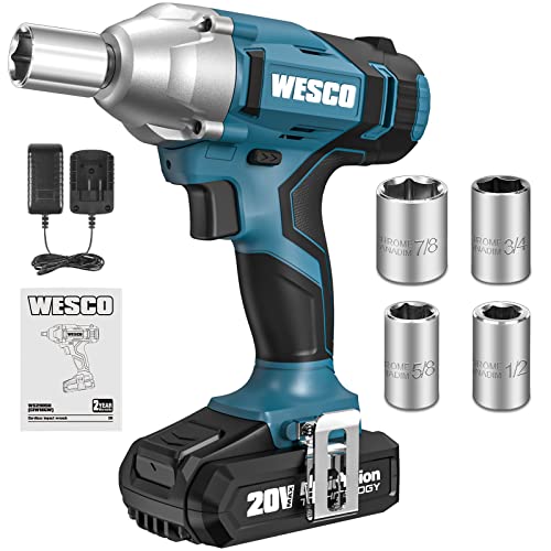 Wesco POWER 20V Cordless Impact Wrench with 1/2' Chuck, Max Torque 180N.m, 2.0Ah Li-ion Battery and Charger Included, 4 Nickel-Plated Impact Sockets,3000 IPM, 2400 RPM, Belt Clip