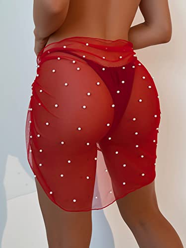 Image of GORGLITTER Women's Cover Up Sarong Wrap Skirt Bachelorette Outfits for Bride Sheer Mesh Bridal Swimsuit Pearl Bathing Suit