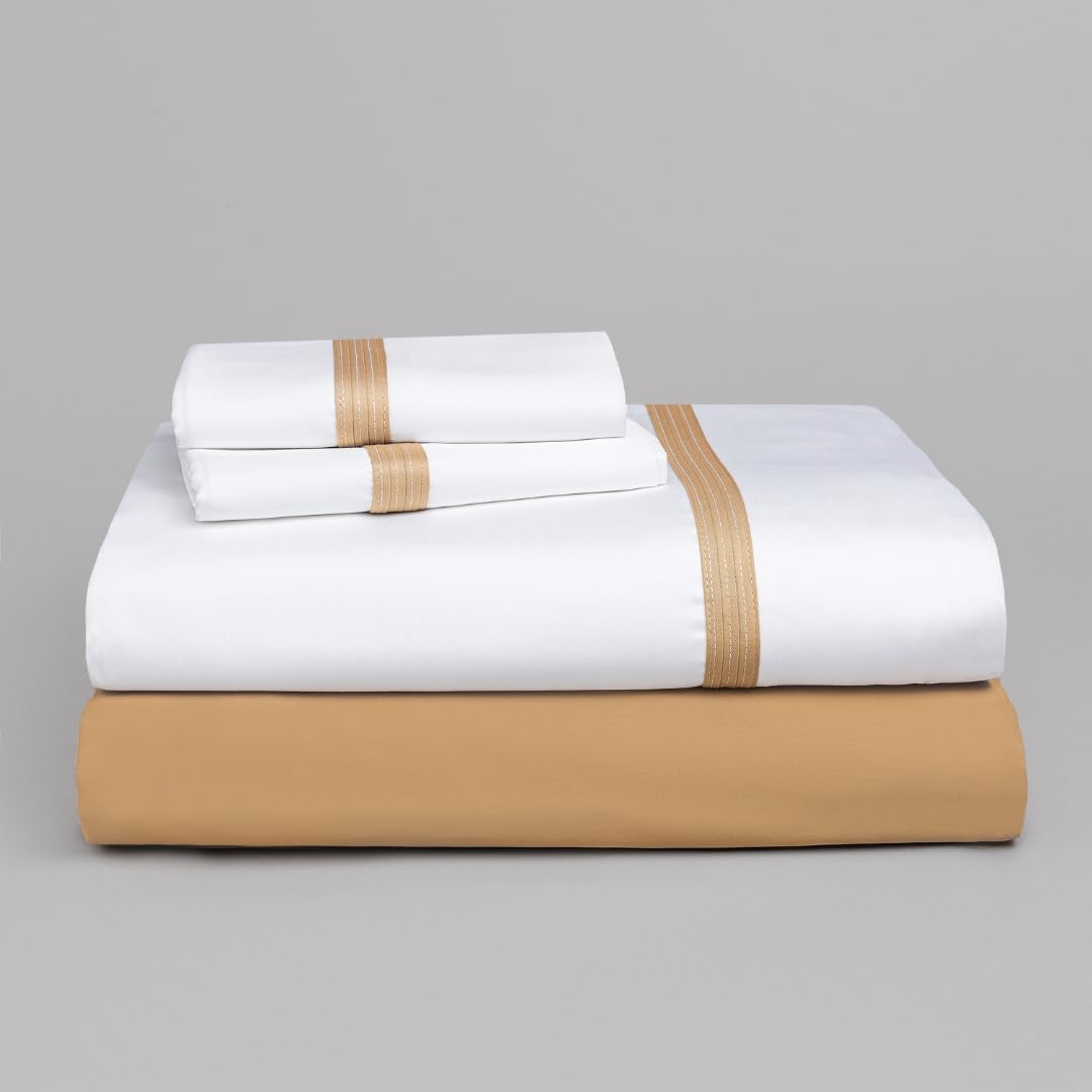 Juego de Sábanas Blancas con Franja de Tela en Tonos Amarillos 679-300 Hilos de Algodón Satén - Sábanas para Cama 150/160 con una Funda de Almohada de 45x175 cm