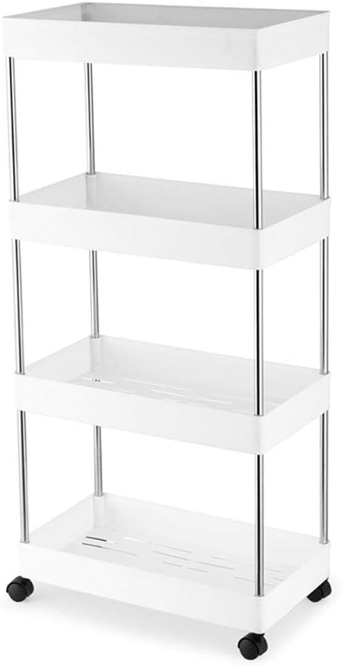 4 Tier Slim Rolling Storage Cart with Wheel, Utility Cart, Gap Storage Slim Slide Out Pantry Storage Rack for Kitchen Bathroom Laundry Narrow Places (White, 15.7 x 8.7 x 35 inch)