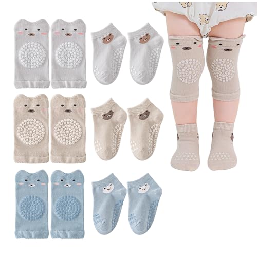 HDGSAFD 3 Pares de Calcetines para Bebé, 3 Pares de Rodilleras para Gatear, Juego de Gatear para Niños, Calcetines Antideslizantes para el Suelo, Cómodos