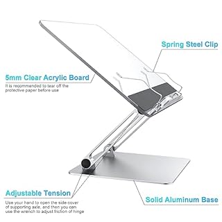 Supporto Libri da lettura, in alluminio e acrilico, Leggio da tavolo per libri regolabile e pieghevole, compatibile anche con laptop e tablet
