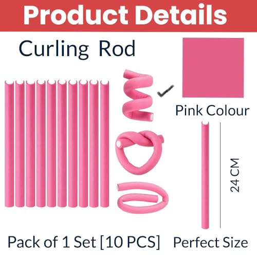 Image of TEMPERIA (10pcs) Heatless Hair Curler Roller for Women & Girls | Curling Headband Tools for Waves & Curls Without Heat | Overnight Curls Flexi Soft Rod for Volumn & Styling | Pink