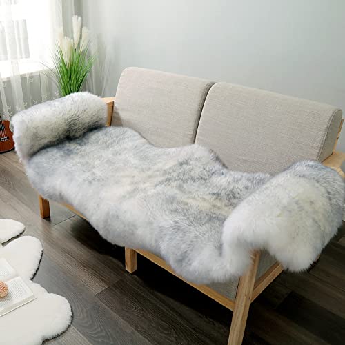 Premium Genuine Fur Sheepskin Rug Real Australia Sheepskin Natural Luxury Fluffy Lambskin Fur Area Rug Seat Covers for Kids Bedroom Sofa Chair Cover (Gray Tip, Double Pelt/2ft x 6ft)