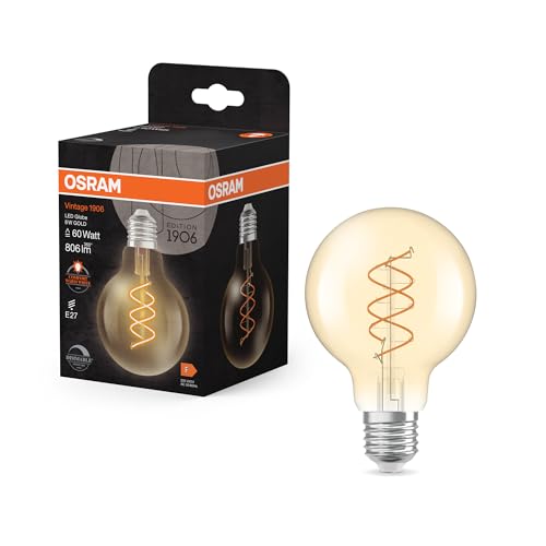 Osram Vintage 1906 Globe est une blanc chaud et dimmaben forme de bouavec un filament en spirale. Il offre 8 W pour 806 lm,E27, verre doré, diamètre 80 mm,...