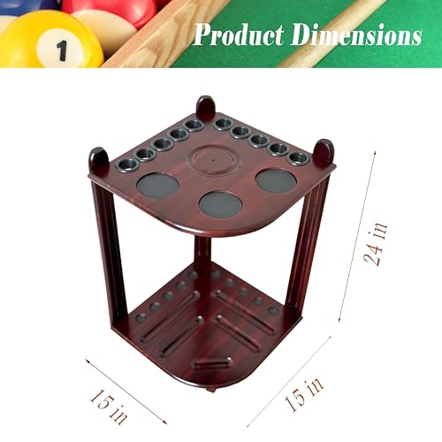 GACCO BILLIARDS Corner Pool Cue Holder Rack Hold 10 Cue Sticks & Billiard Table Accessories. Pool Stick Holder Made of 100% Solid Hardwood with Cone Chalk Holder (Mahogany) - Thumbnail 4