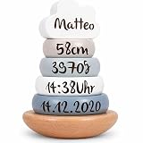 Mainely Personalisierbarer Holz-Stapelturm Blau – fördert Feinmotorik & Koordination – für Kinder ab 18Monaten – mit Name & Geburtsdaten - Label Label