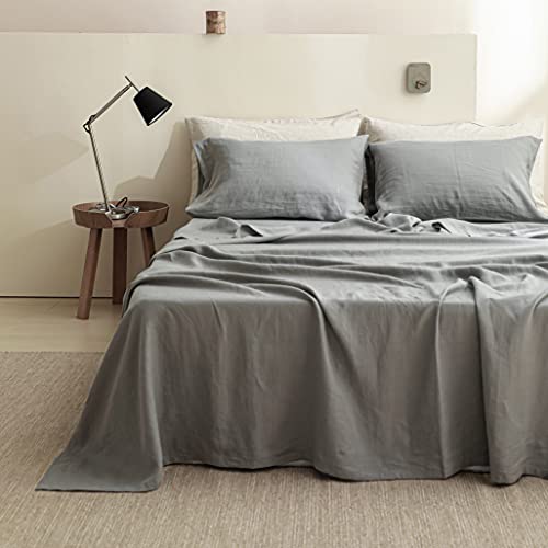 Simple&Opulence 100% Linen Sheet Set 4pcs Basic Style, Deep Pocket, Natural French Washed Flax Solid Color Soft Breathable Bed Sheets - Ultimate Grey, Queen