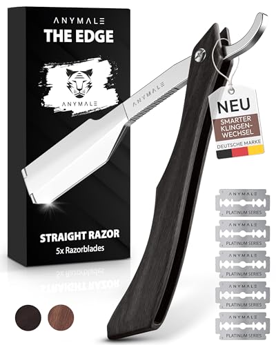 ANYMALE Premium Rasiermesser \"The Edge\" - Herren Set mit 5 Wechselklingen - Bartmesser mit individuellem Holzgriff aus Ebenholz - Rasierer für Bart und Konturen ANYMALE Premium Rasiermesser \"The Edge\" - Herren Set mit 5 Wechselklingen - Bartmesser mit individuellem Holzgriff aus Ebenholz - Rasierer für Bart und Konturen