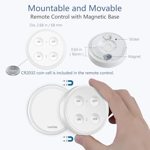 LoraTap Wireless Remote Control E26 Light Socket (2 Pack) with Dual Switch Remote, 915MHz RF 656ft Range On Off Light Switch Kit for LED Bulbs and Fixtures, 1 Wall Switch + 2 Light Bases, White