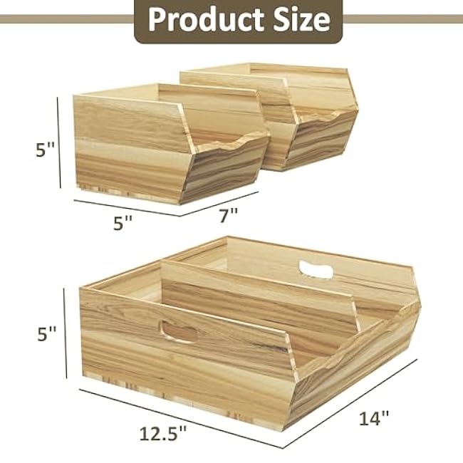 HOMESTEAD Wood Pantry Organizers Bins ¨C Stackable Storage, Rustic Pantry Potato and Onion Storage with Unique Natural Grain, Wooden Basket with Handles, Set of 3 Pieces