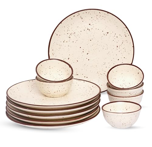 Image of Freakway Handcrafted Ceramic Stoneware Dinner Set of 12 Pieces with Serving Bowls | 6 Dinner Plates & 6 Bowl /katori | Bone Ash Free | Microwave and Dishwasher Safe - Off White