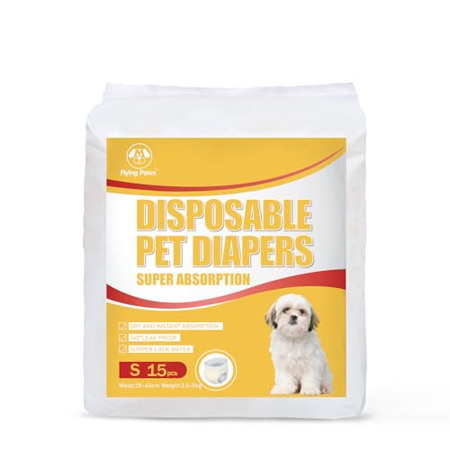 Flying Paws Hunde Windeln, 15 Stück S Anziehbare Einweg-Hundewindeln für Hündinnen - Rüdenwindeln mit dehnbarem Bund S-15