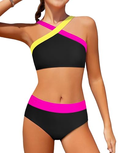 Image of Girls Swimsuits 2 Piece Bikinis Set Colorblock Bathing Suits Criss Cross Strap Girls' Swimwear