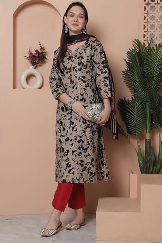 Image of Rajnandini Women's Cotton Blend Abstract Printed Kurta Set with Dupatta (JOPLST243-P Beige and Black)