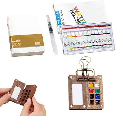 Pocket Artist Watercolor Travel Set, 2024 New Pocketartist Drawing Board Paint Palette Travel Kit, Mini Portable Watercolor Travel Set Painter‘s Palette with Brush and Sketchbook (8 Grid) Cover