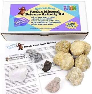 Dancing Bear Rock & Mineral Science Activity Kit (10 Pc Set for 5 Lab Experiments), Grow Your Own Crystals, Crack Open Geodes, Magnetic Lodestone, Float a Rock,“TV” Stone, Fun STEM Geology Exploration