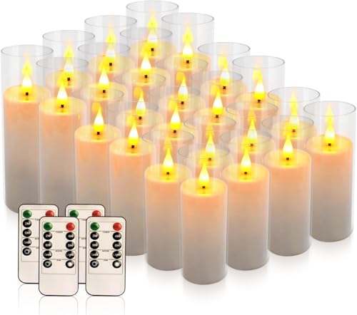 Image of YOROXRG Set of 24 Flickering Flameless Candles Battery Operated with Remote and 2 /4 /6 /8 H Timer Plexiglass Led Pillar Candles with Realistic Moving Wick Candles for Home Decor (D2.2 inchxH 5 inch6 inch7 inch)(White)