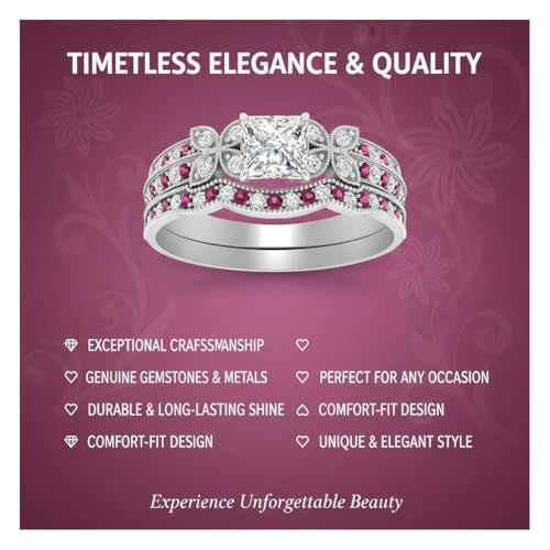 Image of Choose Your Gemstone Milgrain Petal Diamond CZ Wedding Ring Set 925 Sterling Silver Princess Shape Wedding Ring Sets Lightweight Office Wear Everyday Gift Jewelry US Size 4 to 12