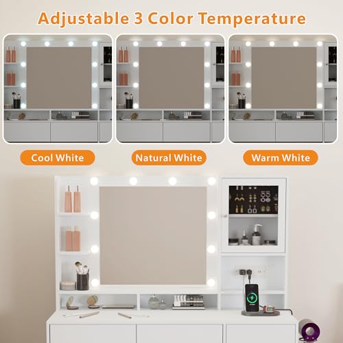 Image of Vanity Desk with Mirror and Lights, 43.3 inch Makeup Vanity Table with 6 Drawers and 3 Storage Shelves, Power Outlet & Stool, 3 Lighting Modes Adjustable Brightness, Dressing Table for Bedroom (White)