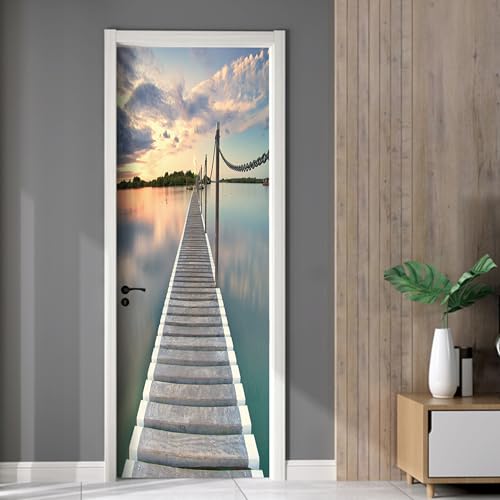 AstraDesign Tür Tapete „Sonnenuntergang“ 88x200cm – selbstklebende PVC-Folie, Premium Qualität – 3D-Motiv, Holzsteg, Meer & Abendsonne – Wohnzimmer, Flur oder Bad – rückstandslos entfernbar