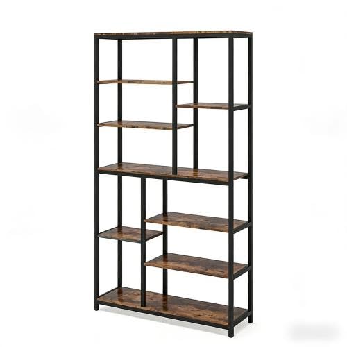 Libreria in stile industriale - Scaffale alto con ripiani a gradini in metallo e truciolato, come divisorio e vetrina per soggiorno, balcone, 100 x 30 x 200 cm, nero/marrone rustico