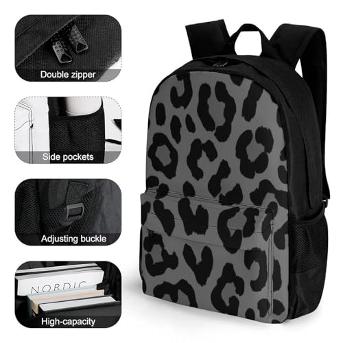 Large Capacity Dark Gray Black Leopard Cheetah Print Backpack, Women Men Portable Daypack for Hiking, Shopping, Fashion Comfy Shoulder Bag with Adjustable Strap3